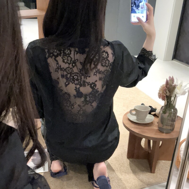 Internet Celebrity Backless Pajamas for Women Spring and Autum Ice Silk Long-Sleeved Thin Chic Cut Out Sexy Lace Home Wear Set