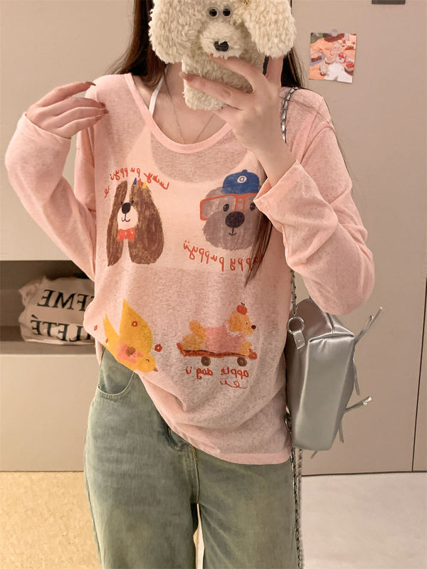 新しい女性用日焼け止め服、夏の年齢軽減漫画プリント長袖Tシャツ、女性用のゆったりとした甘いスタイルのVネック日焼け止めブラウストップ|undefined