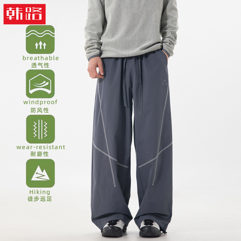 Functional Outdoor Sports Casual Pants for Men, Spring Style, Color-Blocking, Cross-Stitching, Adjustable Cuffs, Loose Straight-Leg Pants Functional Outdoor Sports Casual Pants for Men, Spring Style, Color-Blocking, Cross-Stitching, Adjustable Cuffs, Loose Straight-Leg Pants
