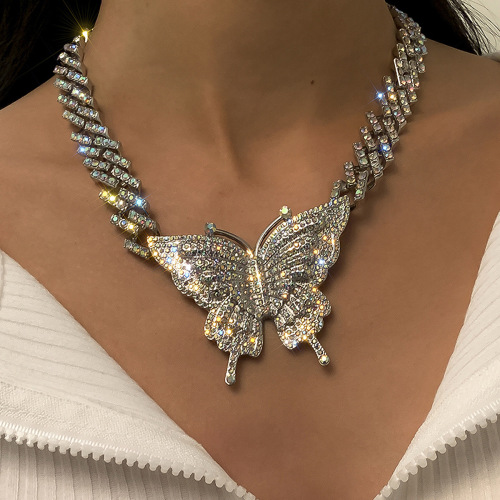 European and American jewelry Hip Hop necklace Full Rhinestone Cuban Buckle Chain Necklace Punk exaggerated diamond-studded butterfly necklace women