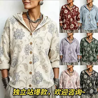 2026跨境新款欧美外贸独立站跨花卉印花休闲开衫连帽卫衣外套上衣
