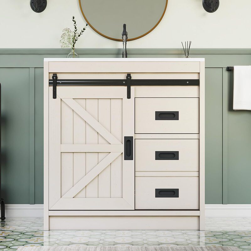 Hot-Selling Faux Three-Drawer Bathroom Floor-Standing Sink Cabinet with a Metal Barn Sliding Door Hot-Selling Faux Three-Drawer Bathroom Floor-Standing Sink Cabinet with a Metal Barn Sliding Door