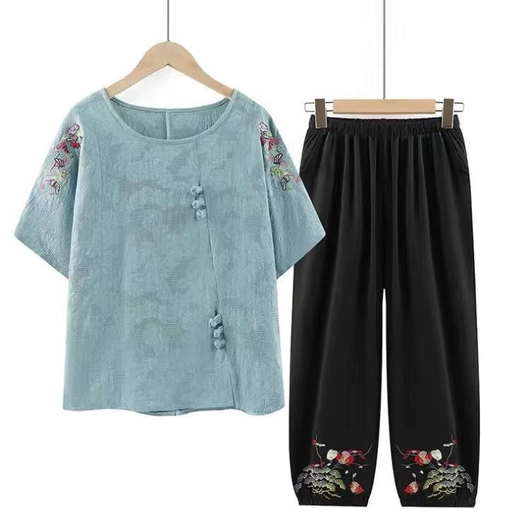 Летний костюм с короткими рукавами для бабушки среднего и пожилого возраста, хлопковая и льняная женская летняя футболка больших размеров для мамы, женская одежда для пожилых людей