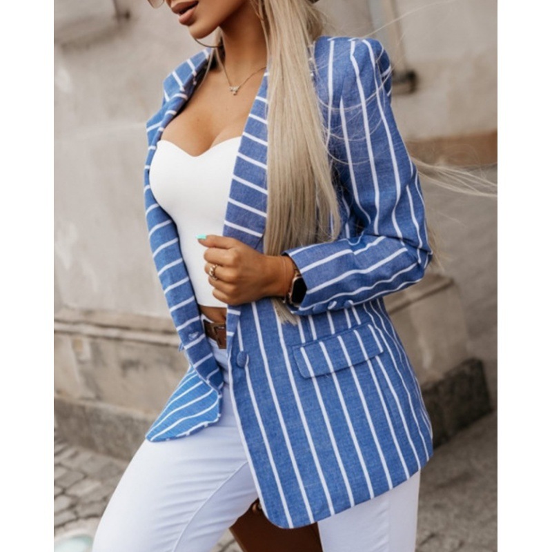 Women's new fashion striped print long-sleeved small suit collar women's coat_voghion.com