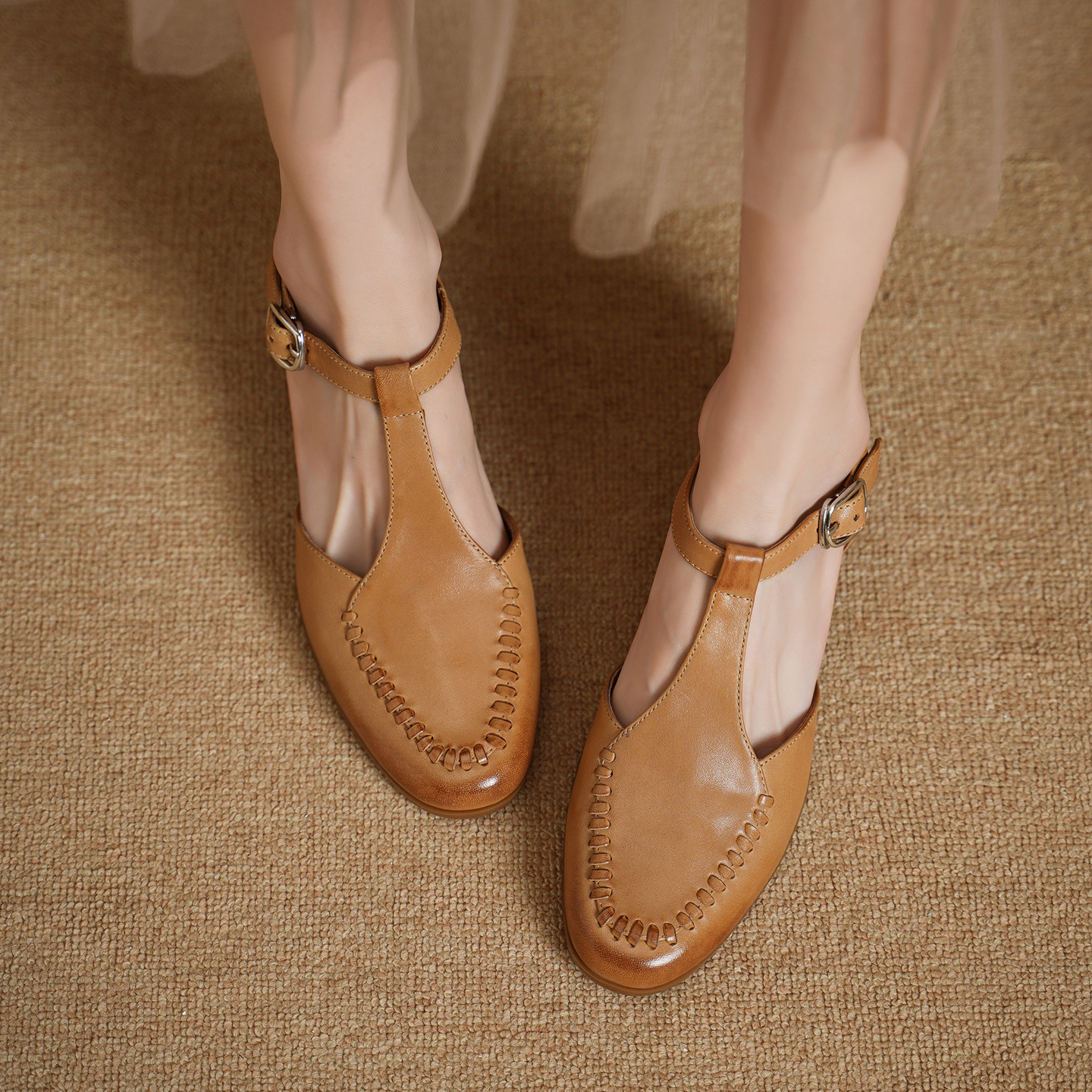 Sandal nữ mũi nhọn quai chữ T da bò gót 5 cm phong cách vintage — Màu hồng chi tiết 4