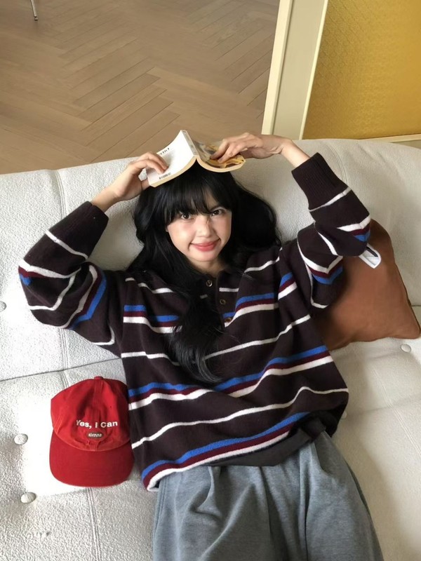 2025秋冬新款韩版学院风简约POLO领条纹针织衫女宽松显瘦减龄毛衣|undefined