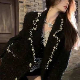 黑色赫本风毛呢外套女秋冬感富家千金名媛小香风呢子大衣