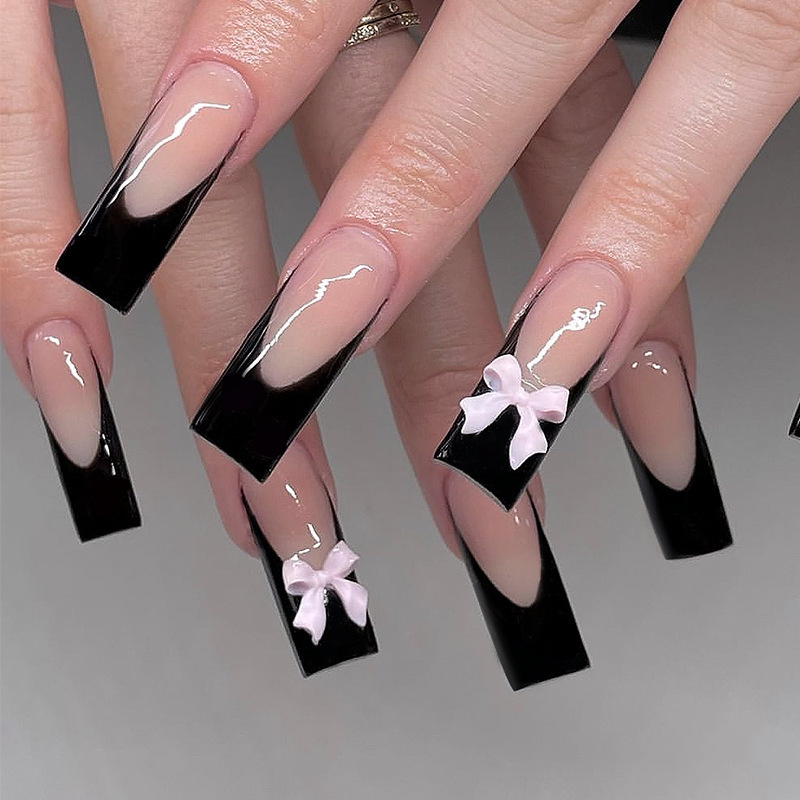 Long Water Pipe Wear French Simple Style Nail Art Pieces Black Edge Bow Light Luxury Design Sense Nail Pieces Wholesale