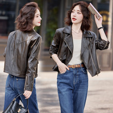 海宁真皮衣女装西装领宽松洋气百搭流行绵羊皮机车服上衣短款外套
