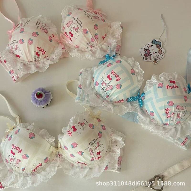Japanese-Style Hello Kitty Strawberry Print Underwear, Lace-Trimmed Bra for Young Girls, Sweet Girl Soft Support Bra Japanese-Style Hello Kitty Strawberry Print Underwear, Lace-Trimmed Bra for Young Girls, Sweet Girl Soft Support Bra