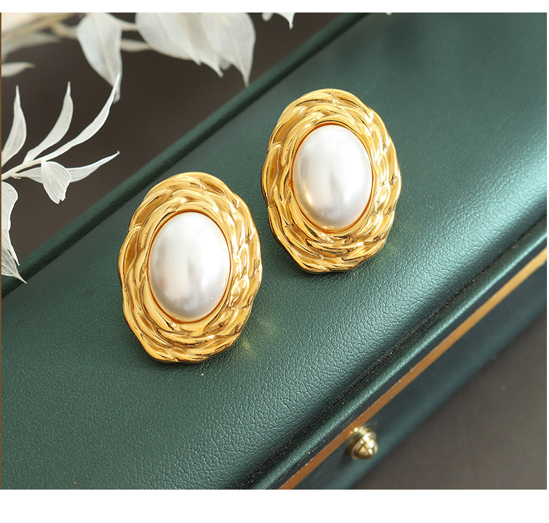 Women'S Gender Retro Style PVD Coated Real Gold Plated 18K Gold Oval 304 Stainless Steel Retro Waterproof Non Tarnish Earrings Necklace