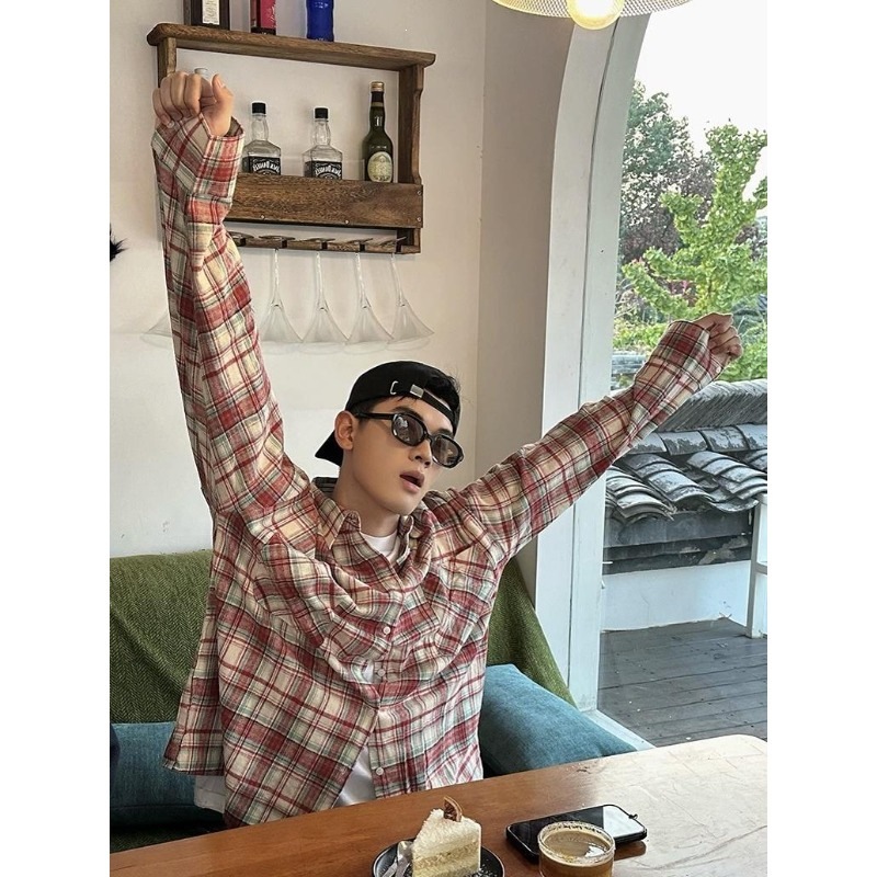 美式复古格子衬衫男长袖夏秋潮牌蓝色高级感衬衣2026情侣外套