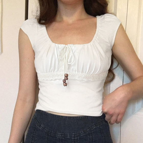 Vintage Girly Beaded Drawstring Lace-Up Short Top Sweet Pleated Square Collar Waisted All-Match Short Sleeve