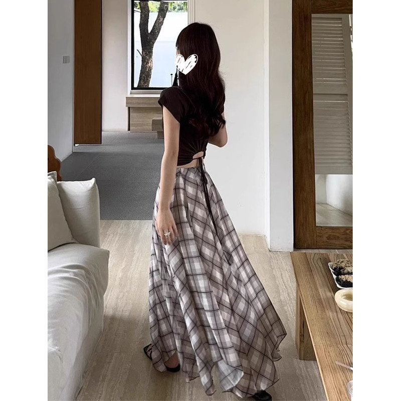 美式复古设计感撞色不规则条纹半身长裙女新款高腰a字长裙大摆裙|undefined