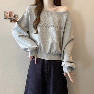 Cross-Border Real Shot One-Line Collar Off-Shoulder Long-Sleeved Sweatshirt for Women Spring and Autumn Thin Korean Style Loose Hot Diamond Short Top