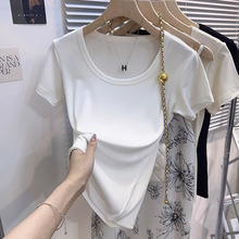 高品质纯棉 U领短袖女装修身正肩夏季2025大领口显瘦白色T恤上衣