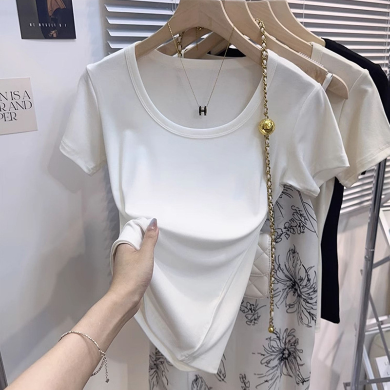 高品质纯棉 U领短袖女装修身正肩夏季2025大领口显瘦白色T恤上衣