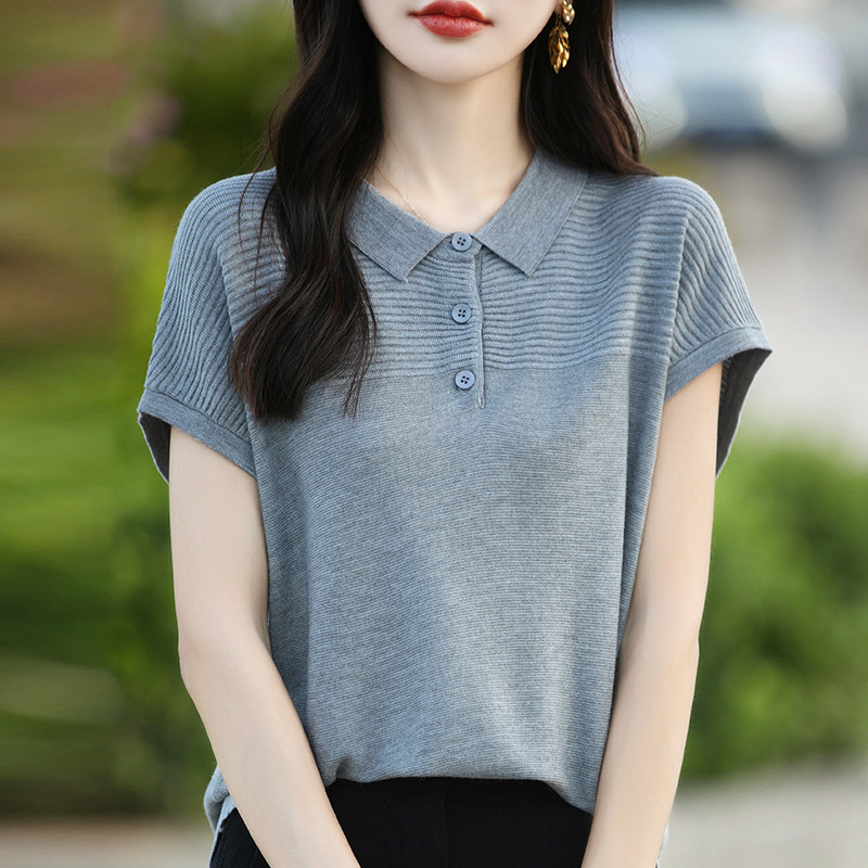 Cross-Border 2025 Summer New Polo Collar Short-Sleeved Knitwear for Women, Loose, Slim and Versatile, Pure Color Thin Ice Silk Top