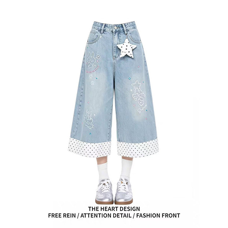 Unique and Trendy High-End Street-Style Polka Dot Denim Pants for Women, Summer Color-Blocked Casual Wide-Leg Cropped Pants Unique and Trendy High-End Street-Style Polka Dot Denim Pants for Women, Summer Color-Blocked Casual Wide-Leg Cropped Pants