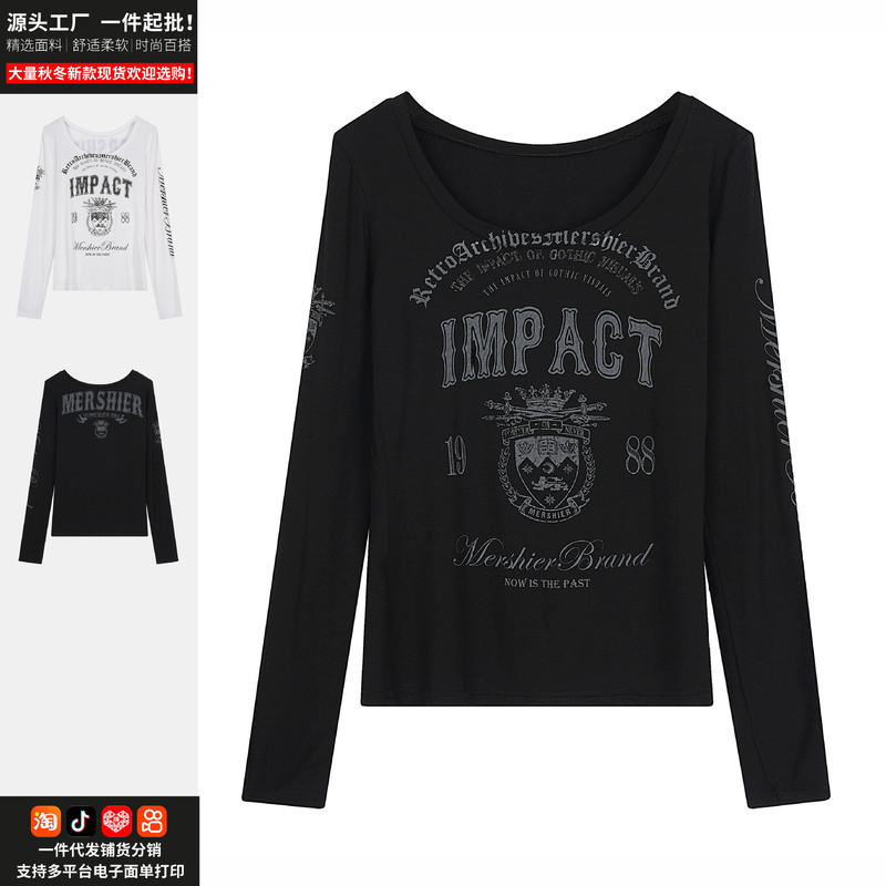 American-Style Spicy Girl Letter Graffiti Large U-Neck Long-Sleeve T-Shirt for Women, Spring Slim-Fit Versatile Base Shirt, Direct from Manufacturer American-Style Spicy Girl Letter Graffiti Large U-Neck Long-Sleeve T-Shirt for Women, Spring Slim-Fit Versatile Base Shirt, Direct from Manufacturer