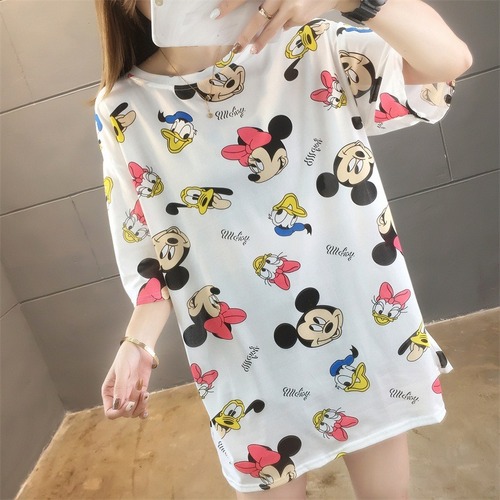 103# Super Hot Instagram Spring and Summer Korean Style Casual Versatile Cartoon Mickey Loose Medium-Long Sleeve T-Shirt Top