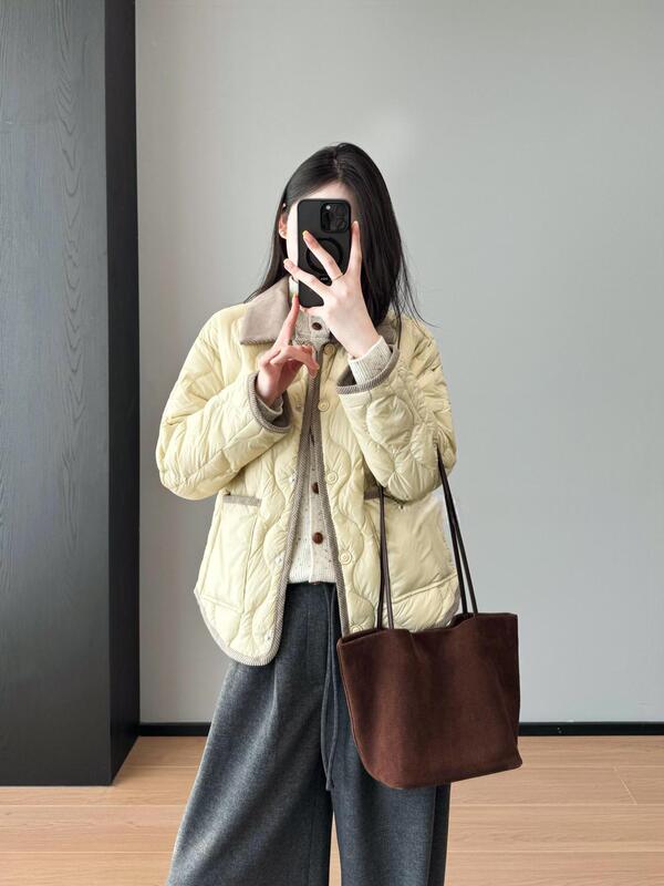 Corduroy Lapel ~ Quilted Design Short Lightweight Warm 90 Duck down Jacket for Women 25 Autumn and Winter G110122