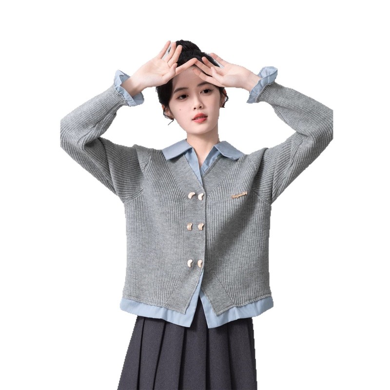 假两件POLO领毛衣女春秋2025新款学院风拼接针织开衫外套短款上衣|undefined