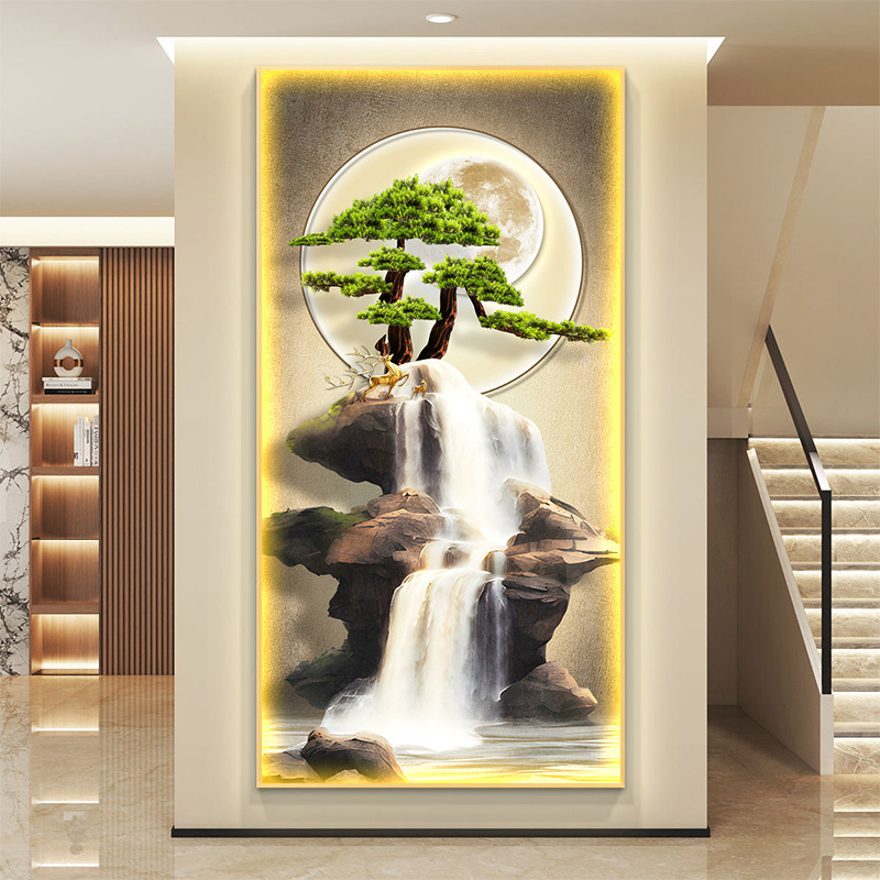 轻奢山水玄关装饰画灯画迎客松入户正对门挂画新中式走廊过道壁画|undefined
