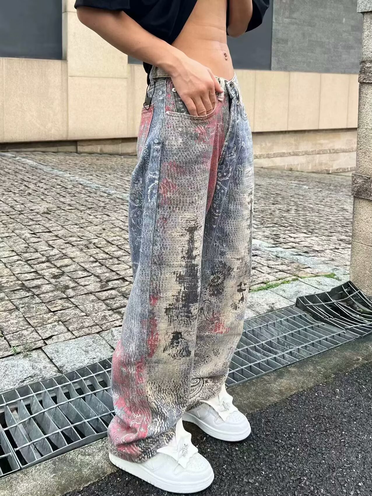 American High Street Trend Brand Wasteland Dirty Style Digital 3D Print Unisex Casual Wide-Leg Straight Jeans_viptrois.com