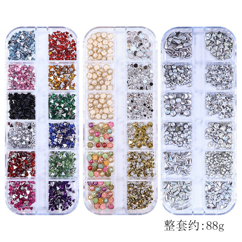 Juego completo transfronterizo de 12 compartimientos de remaches de metal, diamantes de imitación, Xingyue, piezas de concha de diamantes, accesorios para uñas, adornos para uñas