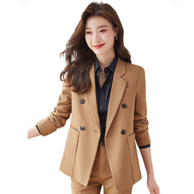 Classic women's demi-season suit set — blazer and trousers, brown, sizes S–4XL