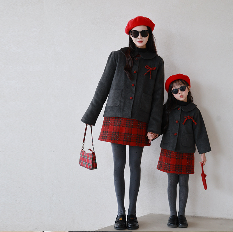 一起玩亲子装毛呢大衣背心裙两件套网红圣诞新年款小香毛呢外套冬
