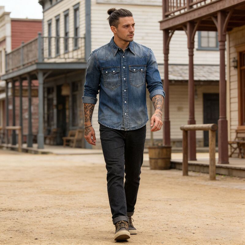 Okonkwo American Retro Pearl Button Washed Bamboo Denim Shirt Original Color Denim Shirt