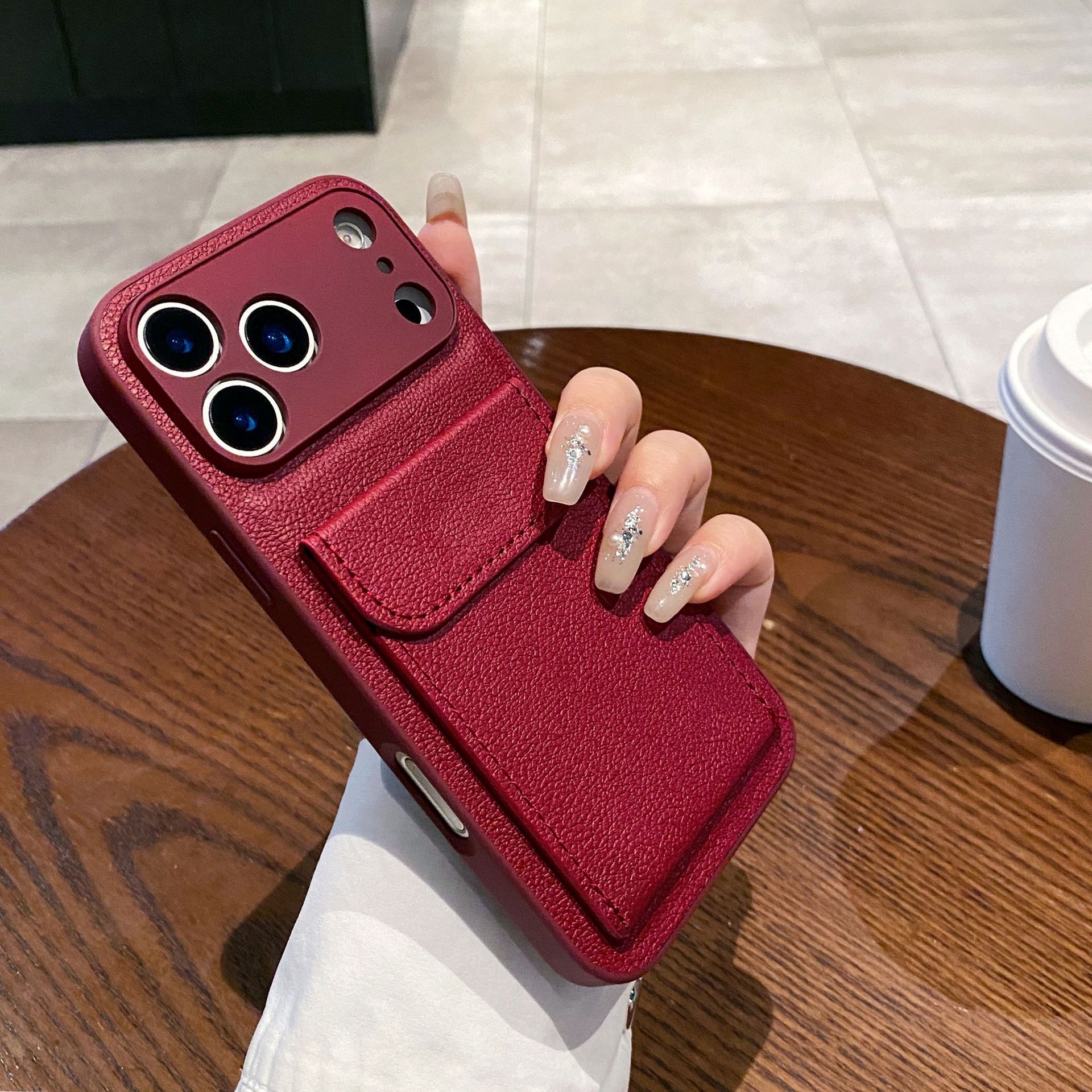 Aplicable para iPhone18PROMAX estuche de teléfono móvil simple litchi estampado tarjeta bolsa soporte manzana 17 anti-caída 16 transfronterizo