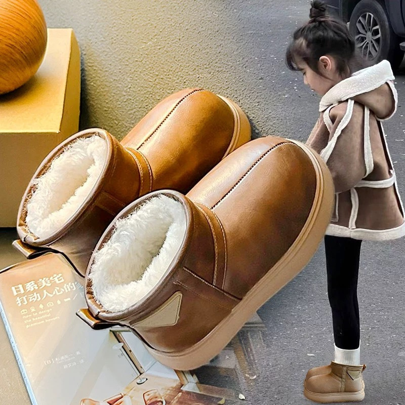 Niños cuero impermeable padres-hijos zapatos de nieve para niños y niñas calentamiento de lana gruesa zapatos de algodón grueso suela gruesa 2025 invierno