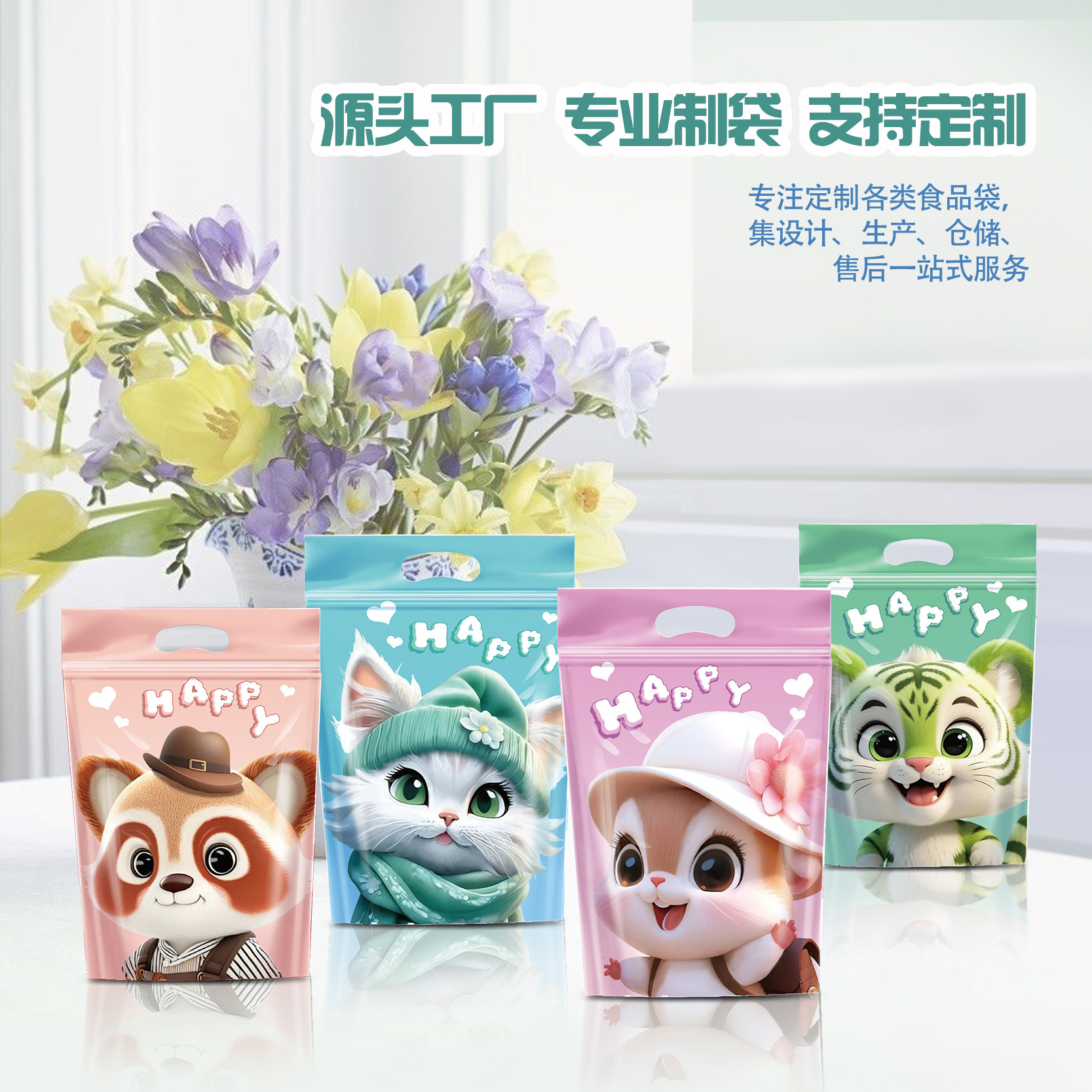 2025新款卡通自封袋 萌宠四合一手提拉链袋食品密封糖果袋批发