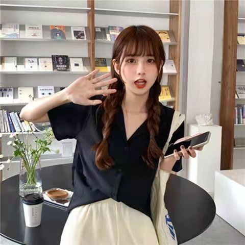 春装学院风复古韩版职业西装领翻学生夏季短袖衬衫女纯色上衣|undefined