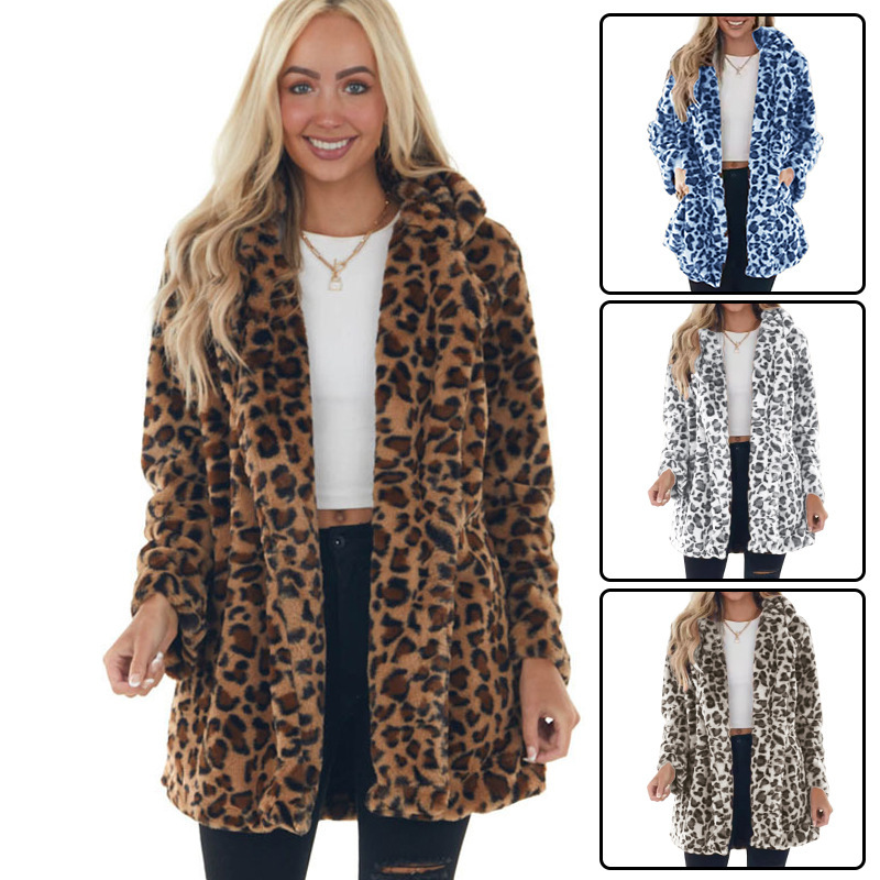 2025 European and American Cross-Border Autumn and Winter Leopard Print Imitation Fur Outwear Women's Fashionable Elegant Side Flap Pocket Pants Loose Fur Outwear