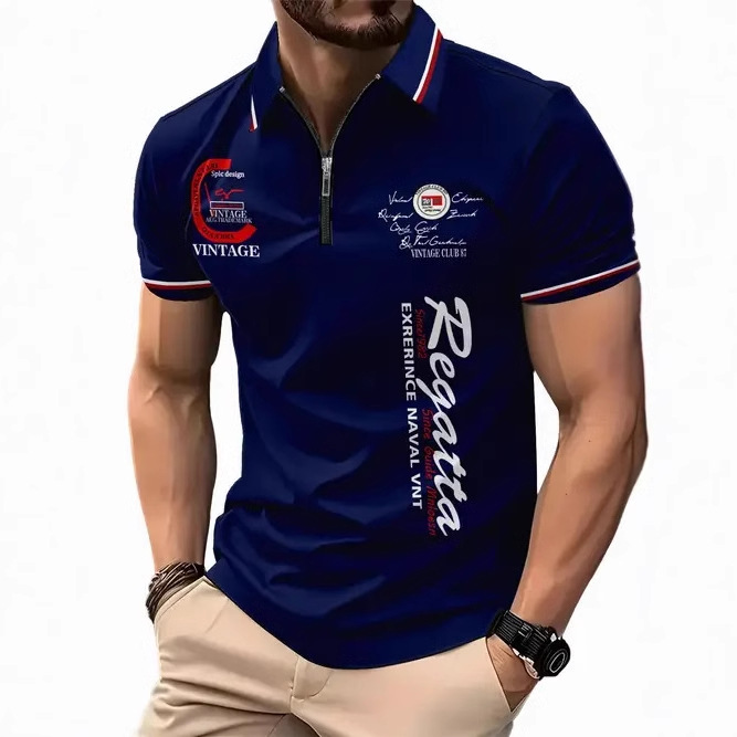 2025 nuevo estilo europeo y americano transfronterizo Amazon casual todo-fósforo patrón de bandera de manga corta cremallera camisa POLO MB13