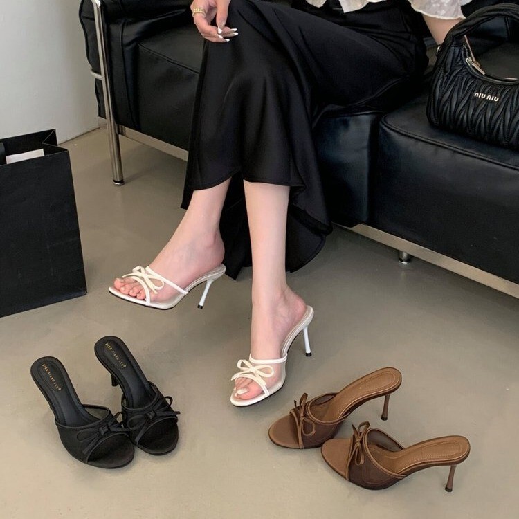 2026 Summer New Breathable Open-Toe High-Heeled Sandals Versatile Simple Bowknot Stiletto High-Heeled Slippers for Women