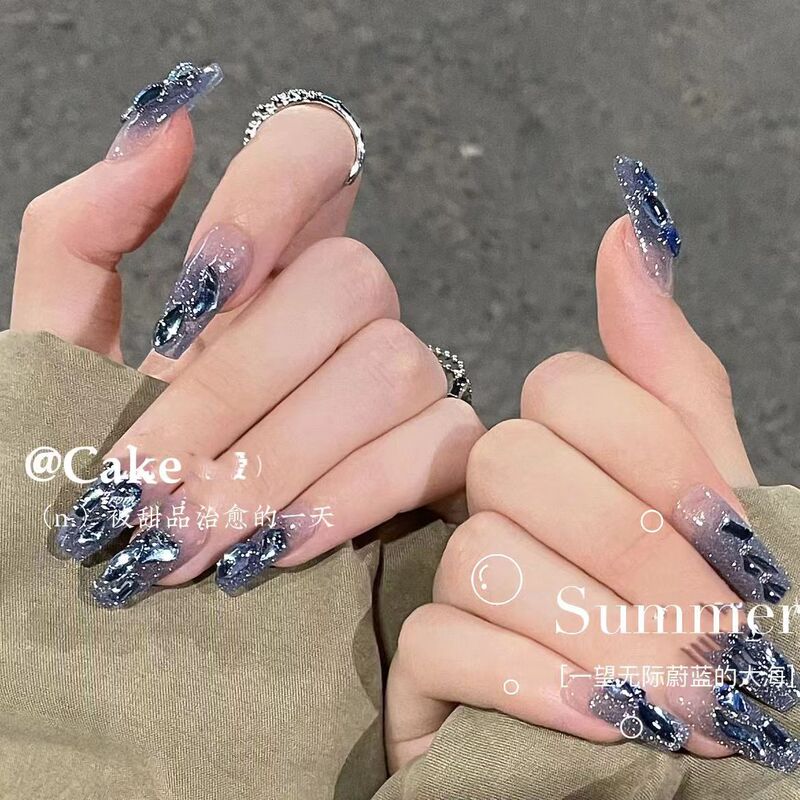 [Xinhe] pure handmade sapphire blue broken Diamond burst flash Aurora blue broken diamond nail nail art, little red book New