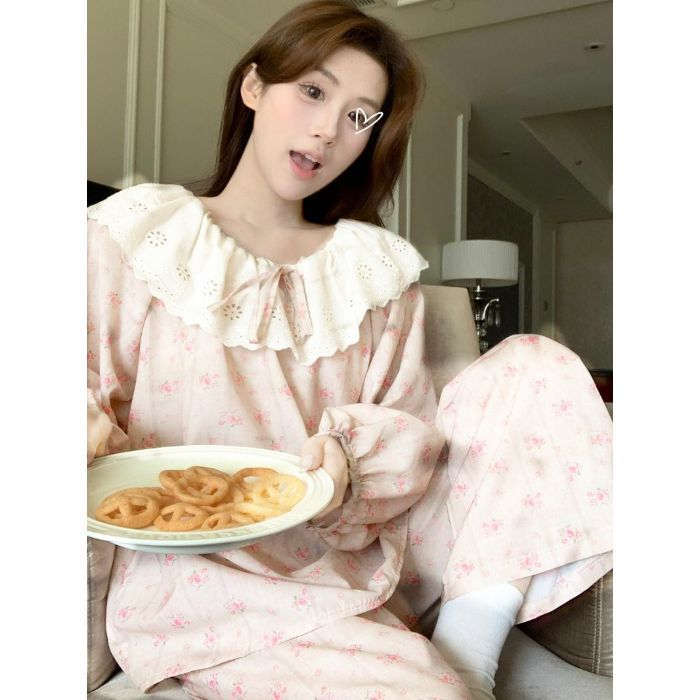 春秋天新款睡衣女长袖宽松慵懒云朵棉家居服花边学生甜美套装跨境|undefined