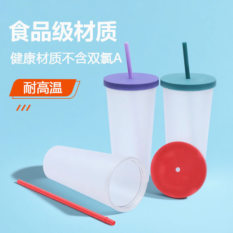 创意高颜值双层塑料吸管杯 简约网红24oz磨砂水杯 办公家用杯子|undefined
