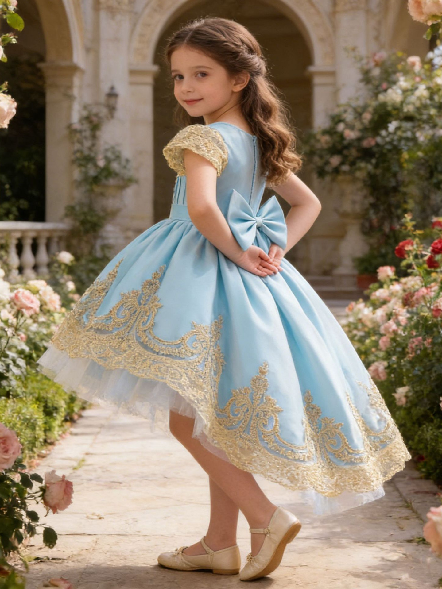 Nuevo vestido de encaje vestido de cascada plegable vestido de princesa vestido de cola de niñas vestido de niños vestido