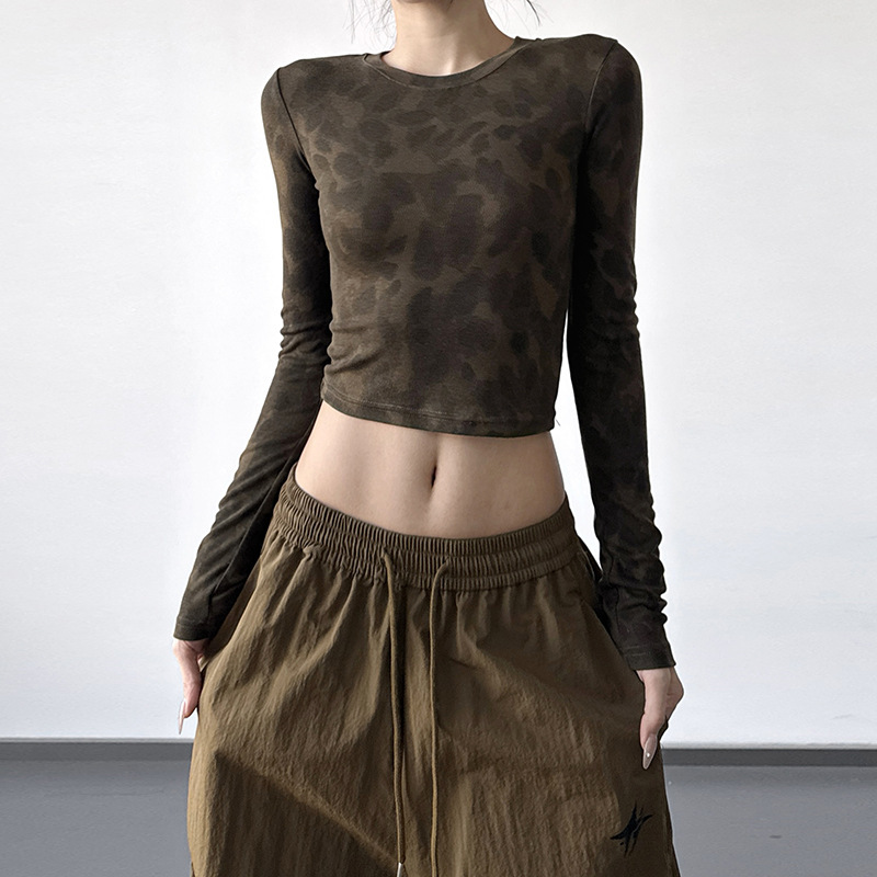 2025 New Autumn and Winter American Sexy Leopard Print Long-Sleeved T-Shirt Women's High-End Slim Round Neck Pullover Short Top