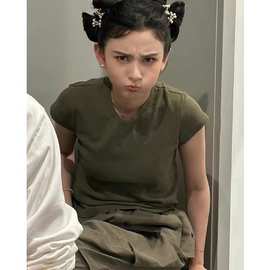 BM风 美式夏季宋祖儿同款橄榄绿柔软修身上衣圆领正肩短袖T恤女潮