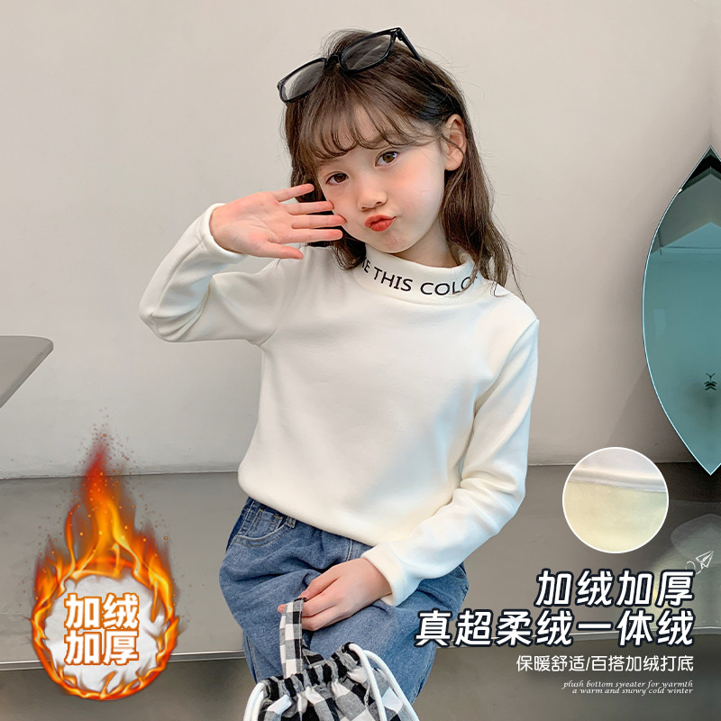 Children's winter base layer top 2023 new warm high collar turtleneck with letter print trendy kids' clothing