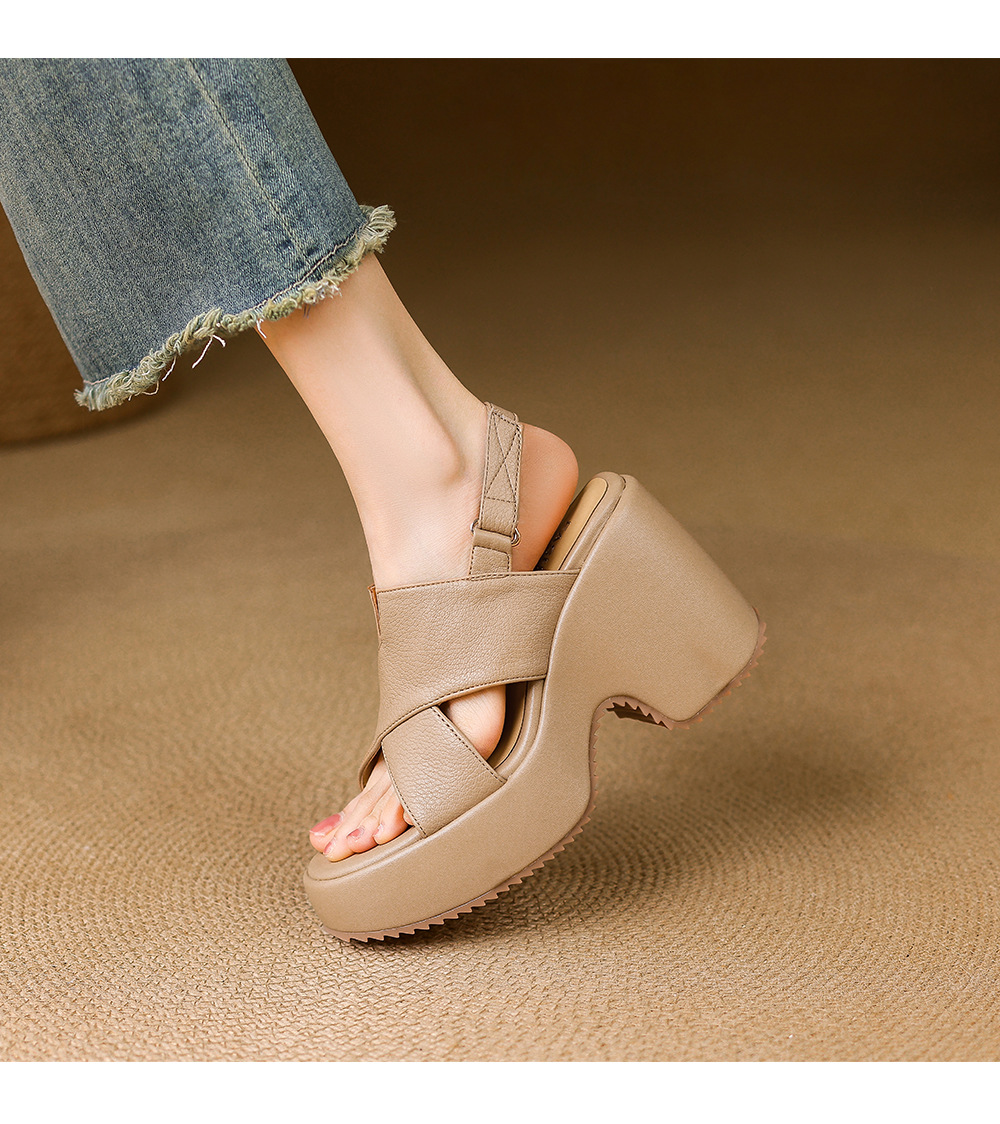 Sandal cao gót nữ hở mũi đế xuồng 10 cm da thật phong cách La Mã — màu trắng ngà, màu mơ chi tiết 11