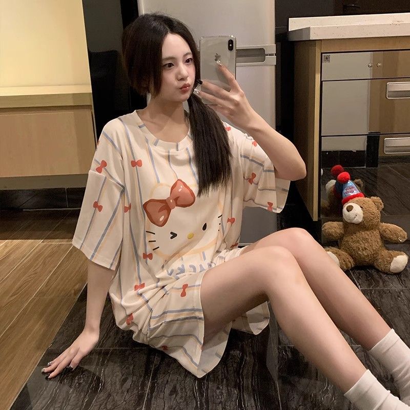 Venta al por mayor transfronteriza con almohadilla para el pecho pijamas de gato KT pantalones cortos de manga corta de verano para mujer, lindo traje de servicio a domicilio coreano, algodón de imitación