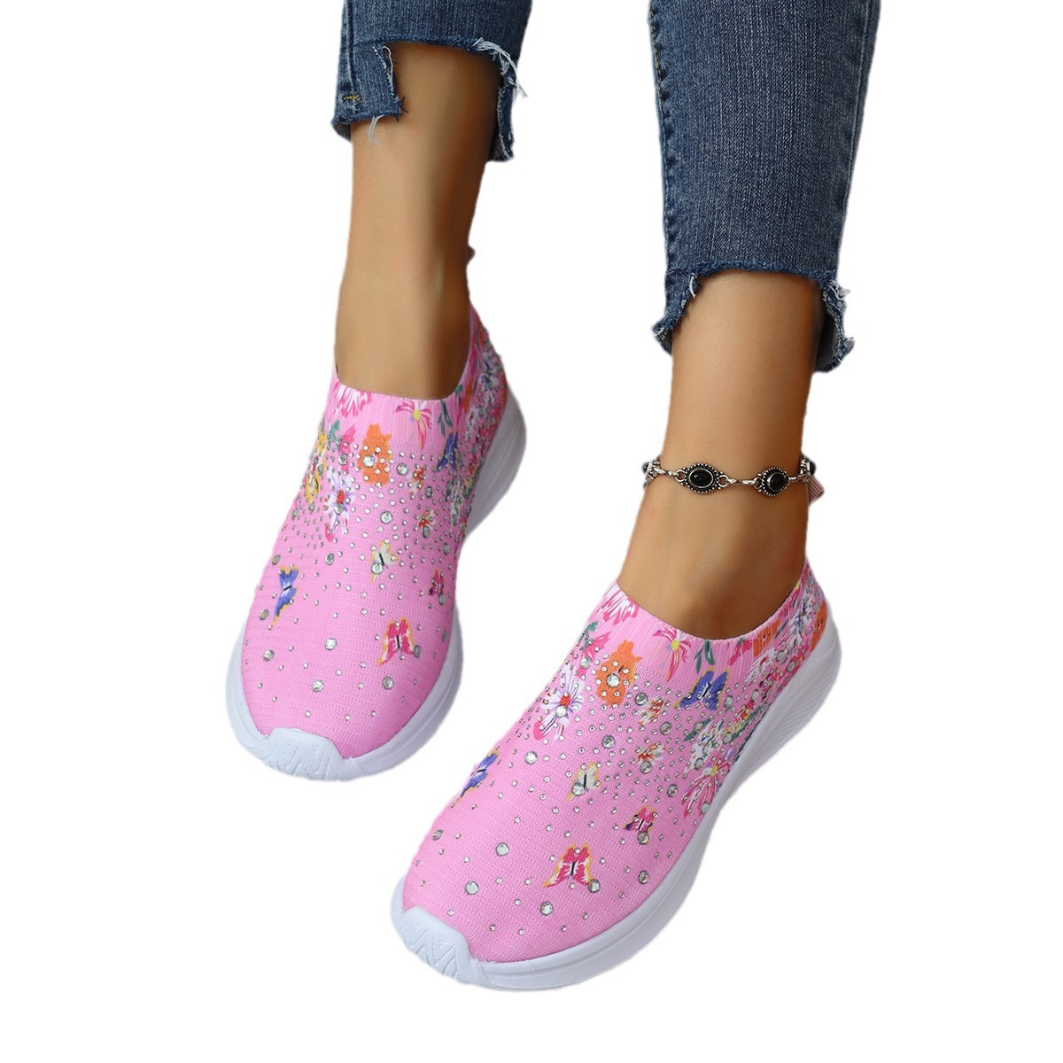 Große Größe Fly Woven Casual Sports Einzelschuhe, neue Wasser Diamant Licht Mund Farbe blockiert weiche Sohle, ein Fuß_voghion.com